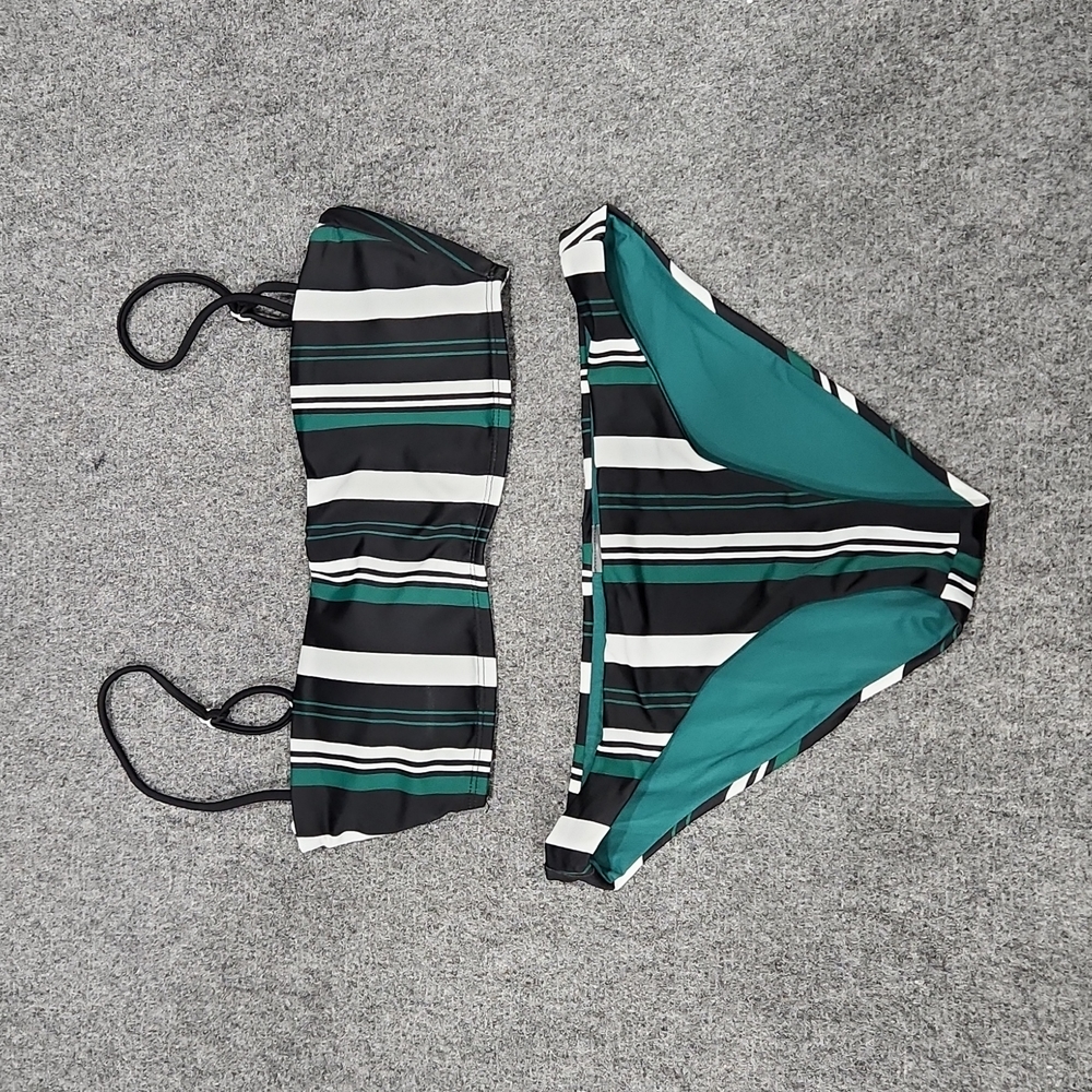 Cupshe Green, White, and Black Striped Bikini NWOT